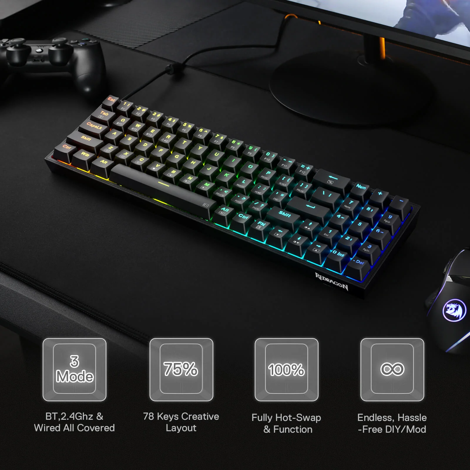 K628 75% Mechanical Gaming Keyboard M693 Gaming Mouse Tri-Modes Combo - Image 4