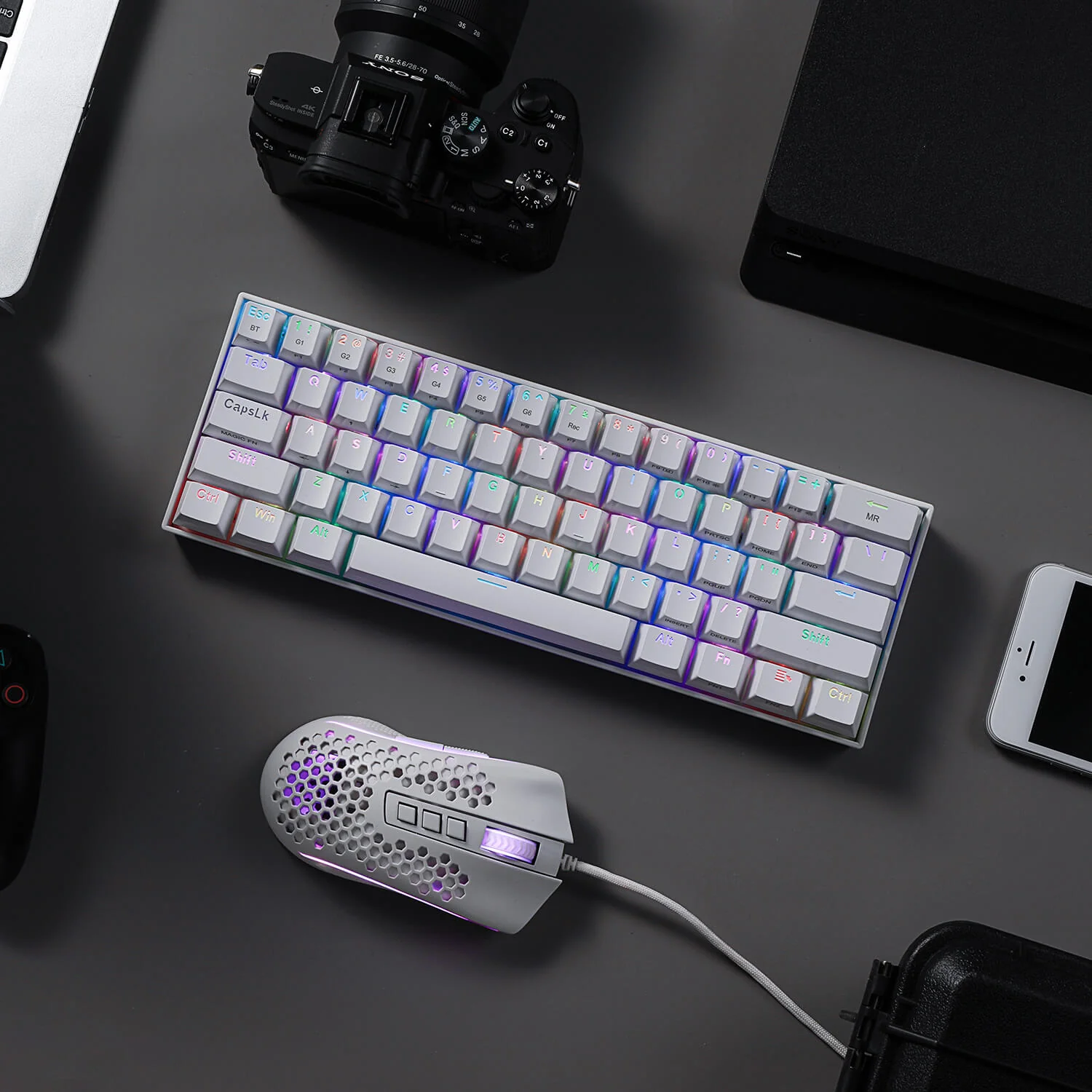 K530 PRO 60% RGB Wireless Mechanical White Keyboard (Brown Switch) M808 White Lightweight RGB Gaming Mouse Bundle - Image 3